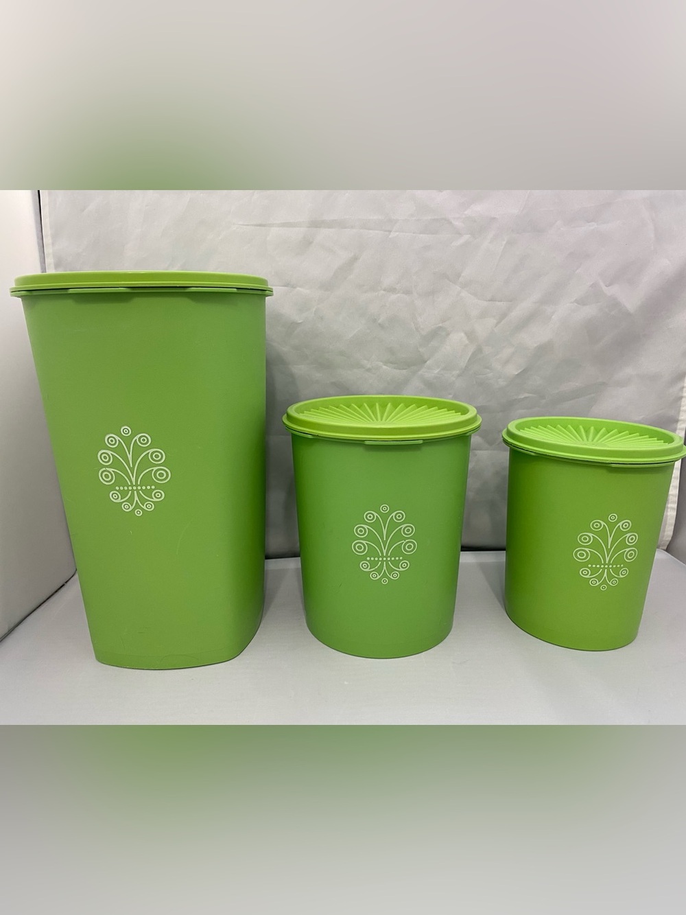 Tupperware Lime Green Decorative Canister Set with White Motif